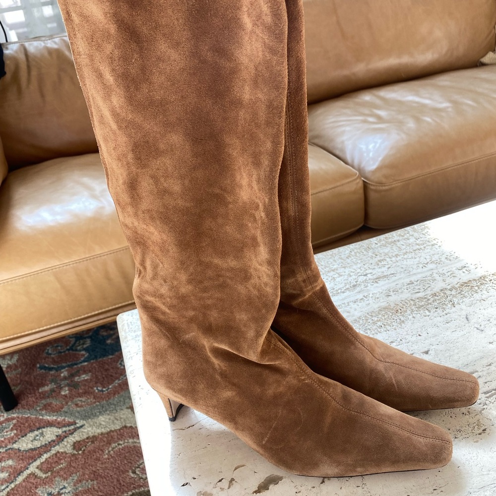 STAUD Brown Heeled Boots with Suede Material and Pointed Toe